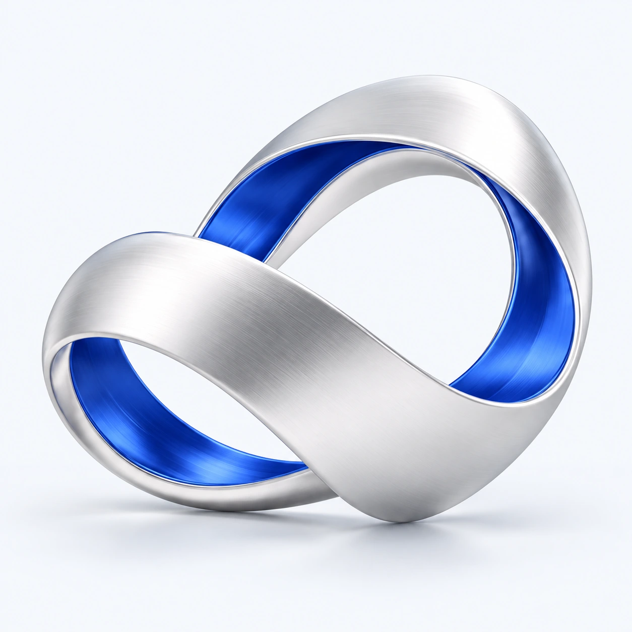 A sculptural ribbon in satin silver and cobalt blue, connecting different perspectives.